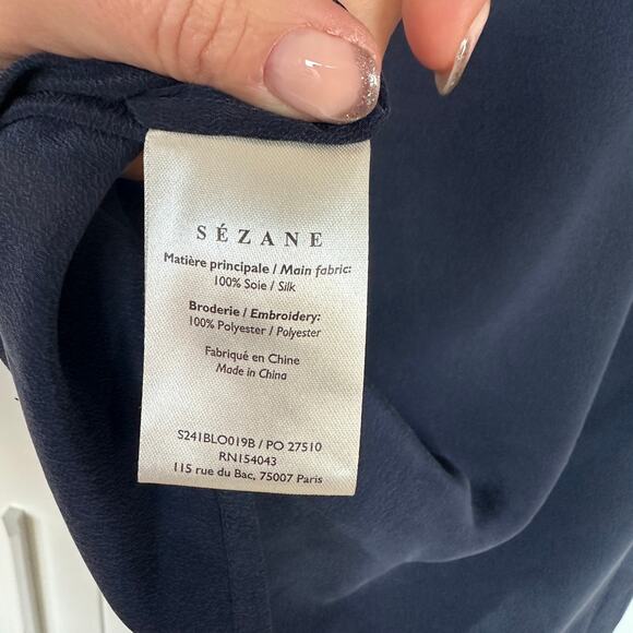Sezane Women's Navy Minara Embroidered V-Neck Silk Short Sleeve Blouse, 34, EUC - Picture 6 of 7